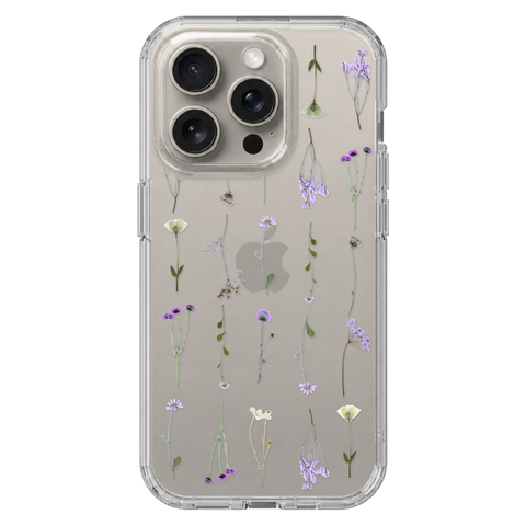 Purple Wild Flower Clear Phone Case shown on iPhone 15 Pro