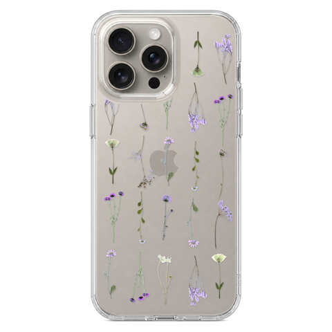 Purple Wild Flower Clear Phone Case shown on iPhone 15 Pro Max