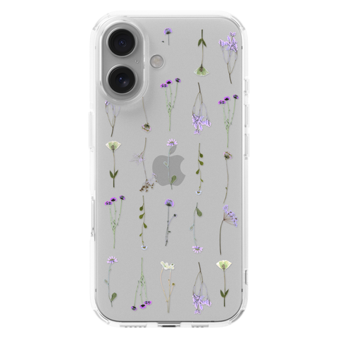 Purple Wild Flower Clear Phone Case shown on iPhone 16