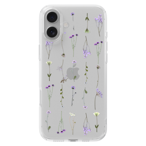 Purple Wild Flower Clear Phone Case shown on iPhone 16 Plus