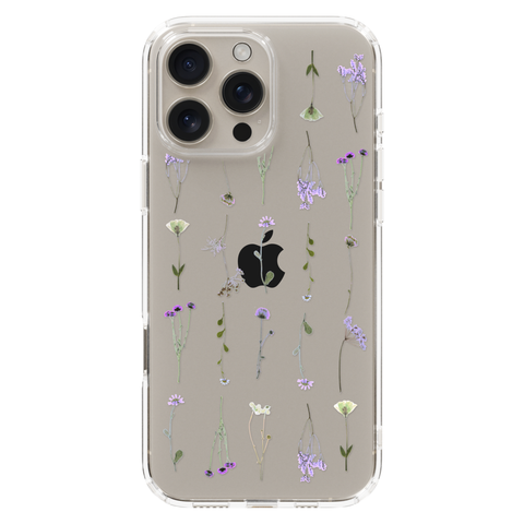 Purple Wild Flower Clear Phone Case shown on iPhone 16 Pro