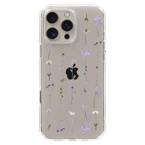 Purple Wild Flower Clear Phone Case shown on iPhone 16 Pro Max