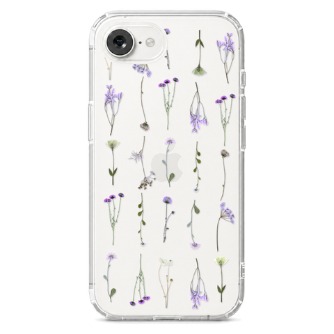Purple Wild Flower Clear Phone Case shown on iPhone 16e
