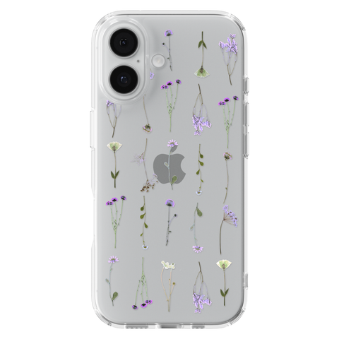Purple Wild Flower Clear Phone Case shown on iPhone 17