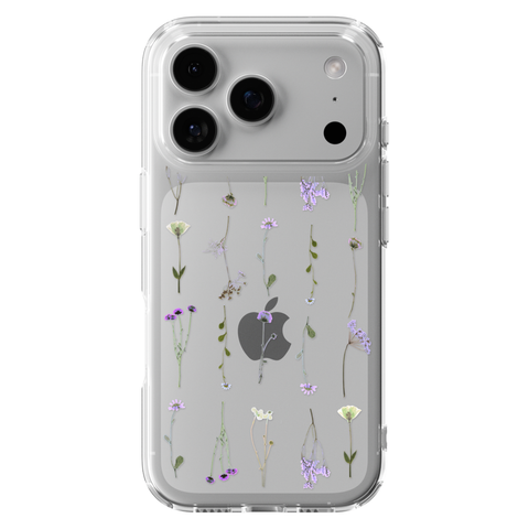 Purple Wild Flower Clear Phone Case shown on iPhone 17 Pro