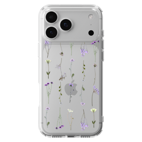 Purple Wild Flower Clear Phone Case shown on iPhone 17 Pro Max