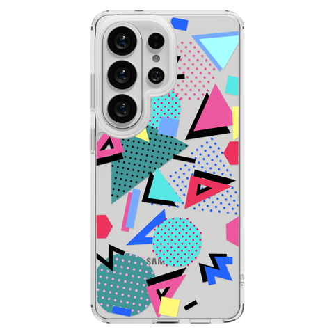 Retro Memphis Clear Phone Case shown on Galaxy S25 Ultra