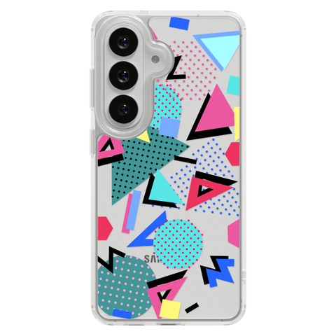 Retro Memphis Clear Phone Case shown on Galaxy S26 Plus