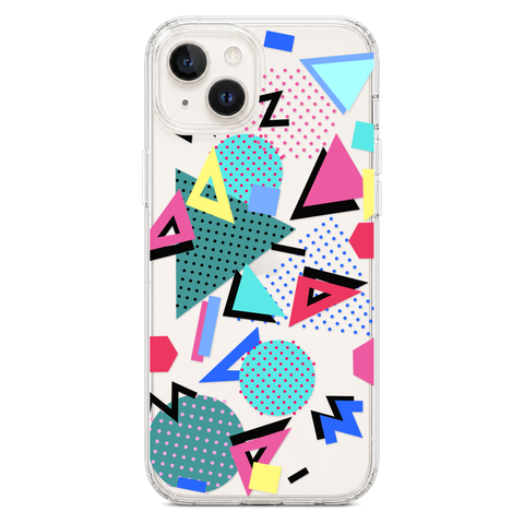 Retro Memphis Clear Phone Case shown on iPhone 14 Plus