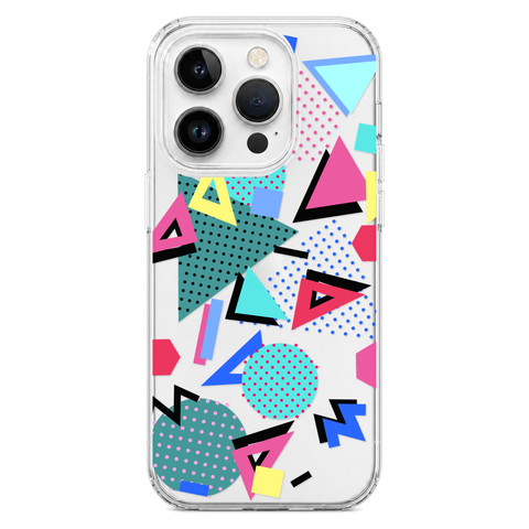 Retro Memphis Clear Phone Case shown on iPhone 14 Pro