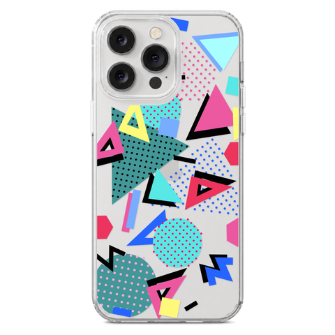 Retro Memphis Clear Phone Case shown on iPhone 14 Pro Max