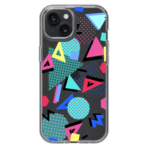 Retro Memphis Clear Phone Case shown on iPhone 15