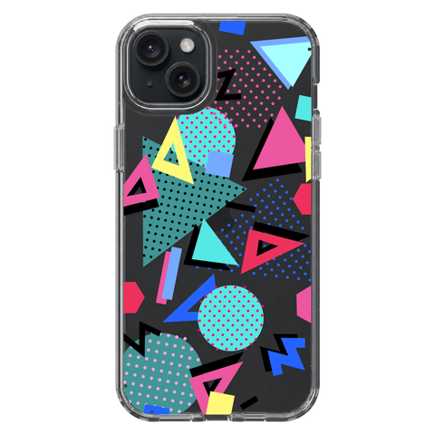 Retro Memphis Clear Phone Case shown on iPhone 15 Plus