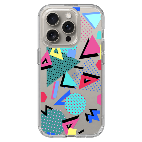 Retro Memphis Clear Phone Case shown on iPhone 15 Pro