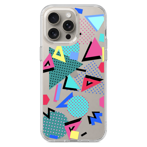 Retro Memphis Clear Phone Case shown on iPhone 15 Pro Max