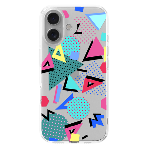 Retro Memphis Clear Phone Case shown on iPhone 16
