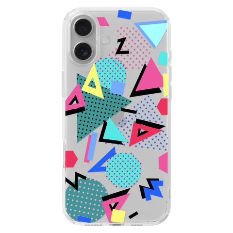 Retro Memphis Clear Phone Case shown on iPhone 16 Plus