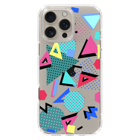 Retro Memphis Clear Phone Case shown on iPhone 16 Pro Max