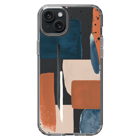 Rust Rose Navy Abstract Clear Phone Case shown on iPhone 15 Plus