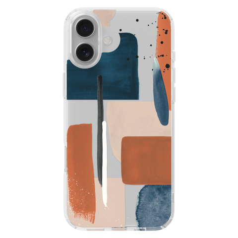 Rust Rose Navy Abstract Clear Phone Case shown on iPhone 16 Plus