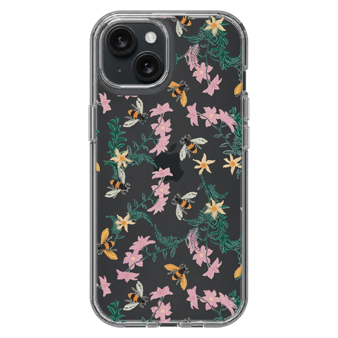 Stitched Bees Clear Phone Case shown on iPhone 15