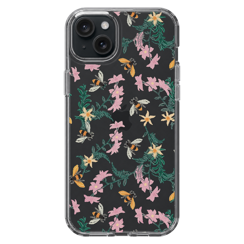Stitched Bees Clear Phone Case shown on iPhone 15 Plus