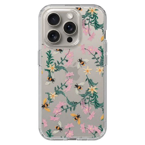 Stitched Bees Clear Phone Case shown on iPhone 15 Pro