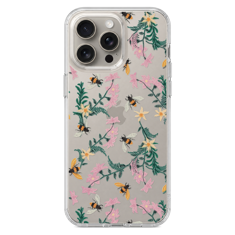 Stitched Bees Clear Phone Case shown on iPhone 15 Pro Max