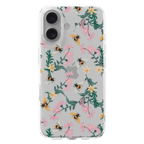 Stitched Bees Clear Phone Case shown on iPhone 16