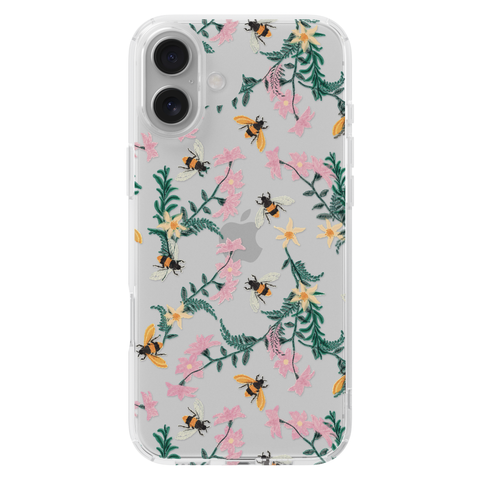 Stitched Bees Clear Phone Case shown on iPhone 16 Plus