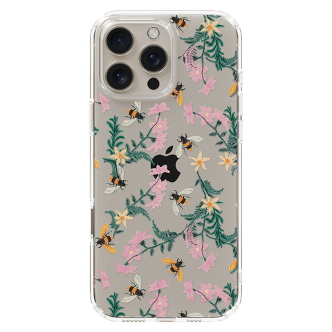 Stitched Bees Clear Phone Case shown on iPhone 16 Pro Max