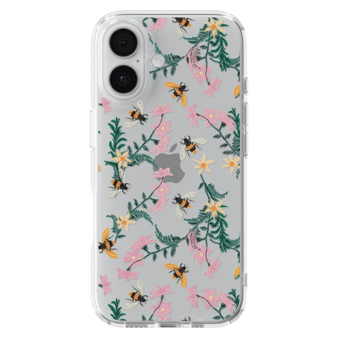 Stitched Bees Clear Phone Case shown on iPhone 17