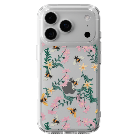 Stitched Bees Clear Phone Case shown on iPhone 17 Pro