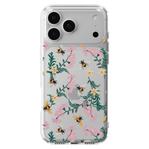 Stitched Bees Clear Phone Case shown on iPhone 17 Pro Max
