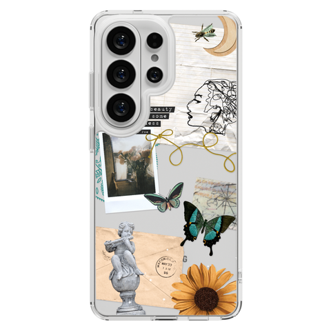 Strange Abstract Clippings Clear Phone Case shown on Galaxy S26 Ultra