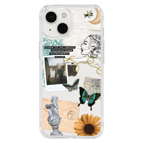 Strange Abstract Clippings Clear Phone Case shown on iPhone 13 Mini