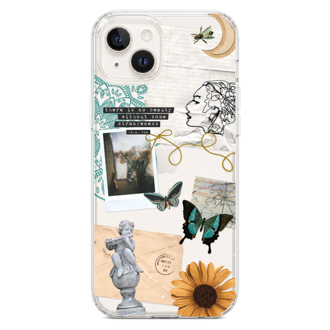 Strange Abstract Clippings Clear Phone Case shown on iPhone 14 Plus