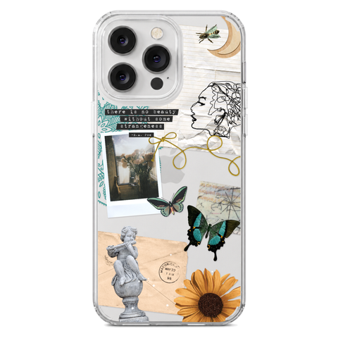 Strange Abstract Clippings Clear Phone Case shown on iPhone 14 Pro Max