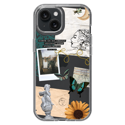 Strange Abstract Clippings Clear Phone Case shown on iPhone 15