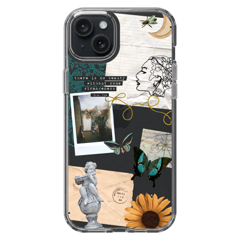 Strange Abstract Clippings Clear Phone Case shown on iPhone 15 Plus