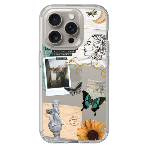 Strange Abstract Clippings Clear Phone Case shown on iPhone 15 Pro