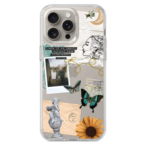 Strange Abstract Clippings Clear Phone Case shown on iPhone 15 Pro Max