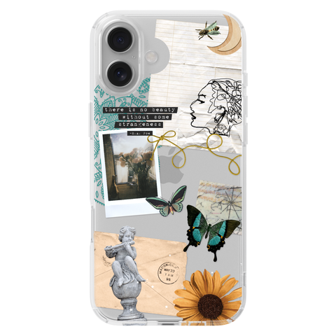 Strange Abstract Clippings Clear Phone Case shown on iPhone 16 Plus