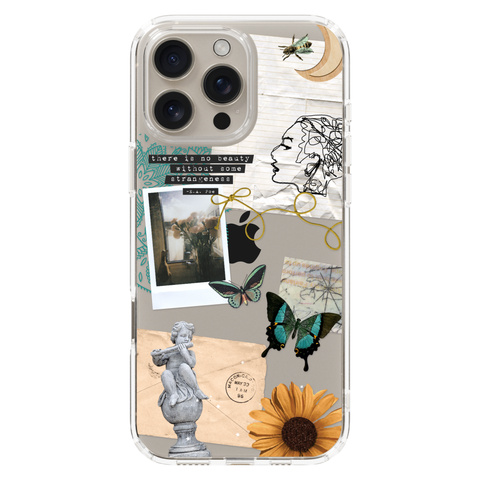 Strange Abstract Clippings Clear Phone Case shown on iPhone 16 Pro