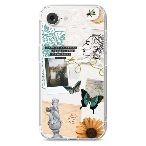 Strange Abstract Clippings Clear Phone Case shown on iPhone 16e