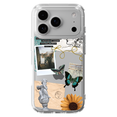 Strange Abstract Clippings Clear Phone Case shown on iPhone 17 Pro