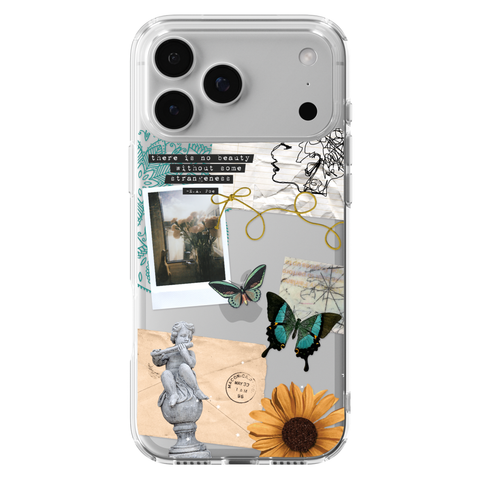 Strange Abstract Clippings Clear Phone Case shown on iPhone 17 Pro Max