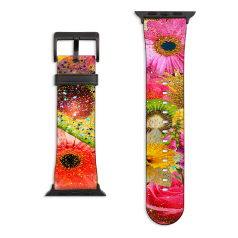 Tropical Floral Fruit Apple Watch Band with Matte Black hardware