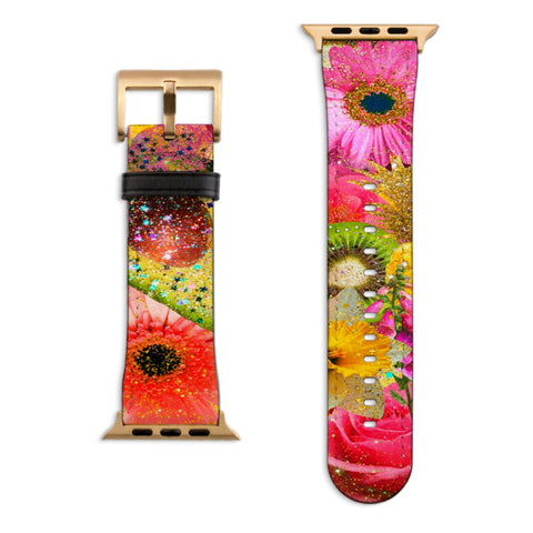 Tropical Floral Fruit Apple Watch Band with Matte Gold hardware