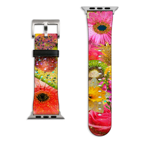 Tropical Floral Fruit Apple Watch Band with Matte Silver hardware